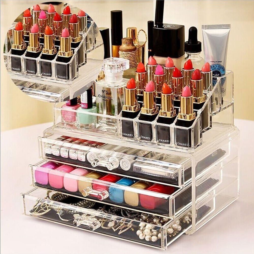 Almand Acrylic Double Layer Beauty Vanity Jewellery Clear Make Up Cosmetic Display Stand & Organizer Rack,3 Drawer & 16 Section