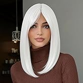 Zifeiya White Short Bob Wig with Bangs Synthetic 14 Inch Wigs Lightweight Adjustable Cap for Women Daily Party Cosplay Natural Looking
