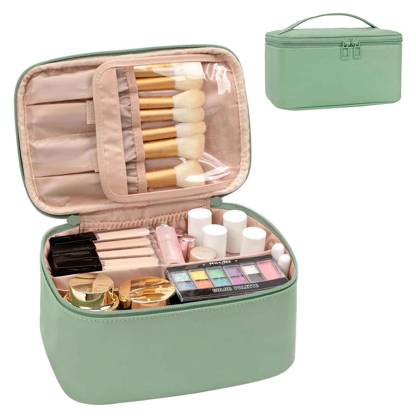 Travel Makeup Bag, Portable Cosmetic Bag with Makeup Brush Organiser Large Capacity Make up Case Water-Resistant Toiletry Bag for Women Travel Essentials, Green
