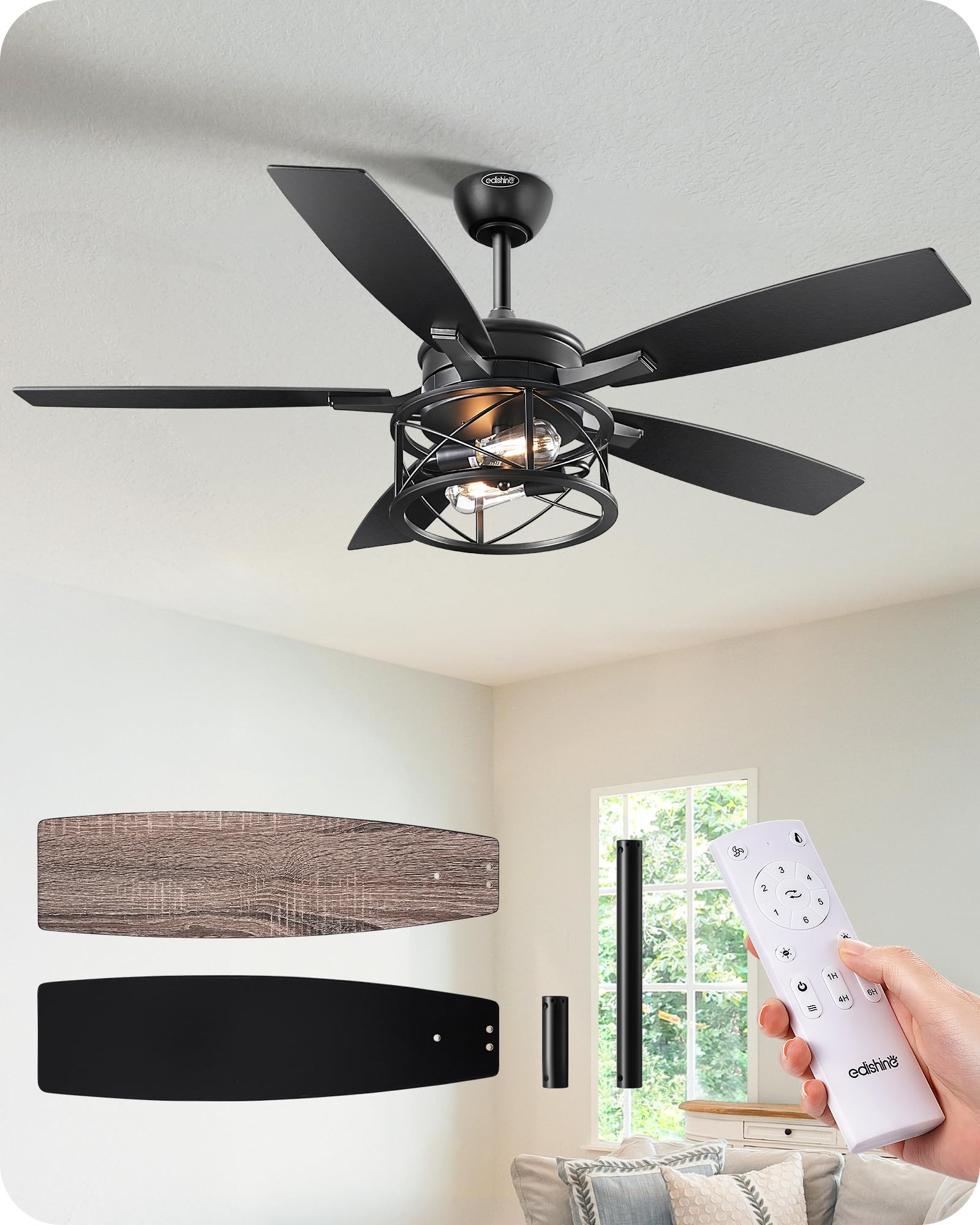 Photo 1 of EDISHINE 42“ Black Farmhouse Ceiling Fans with Lights, Remote Control, Dimmable, 6 Speeds, 5 Wood Blades, DC Reversible Motor, Timer, Noiseless, Small Rustic Fan for Bedroom Living Room Kids Room