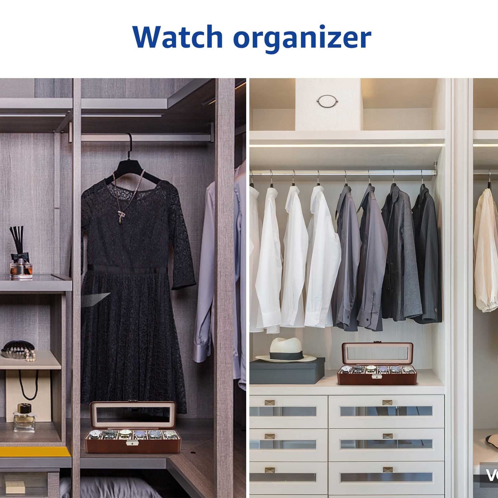 BareTulip Watch Box-Organizer for Men and Women Watch Case-Holder 6 Slot Watch Box Pu Leather Watch Display with Glass Window and Lock Brown