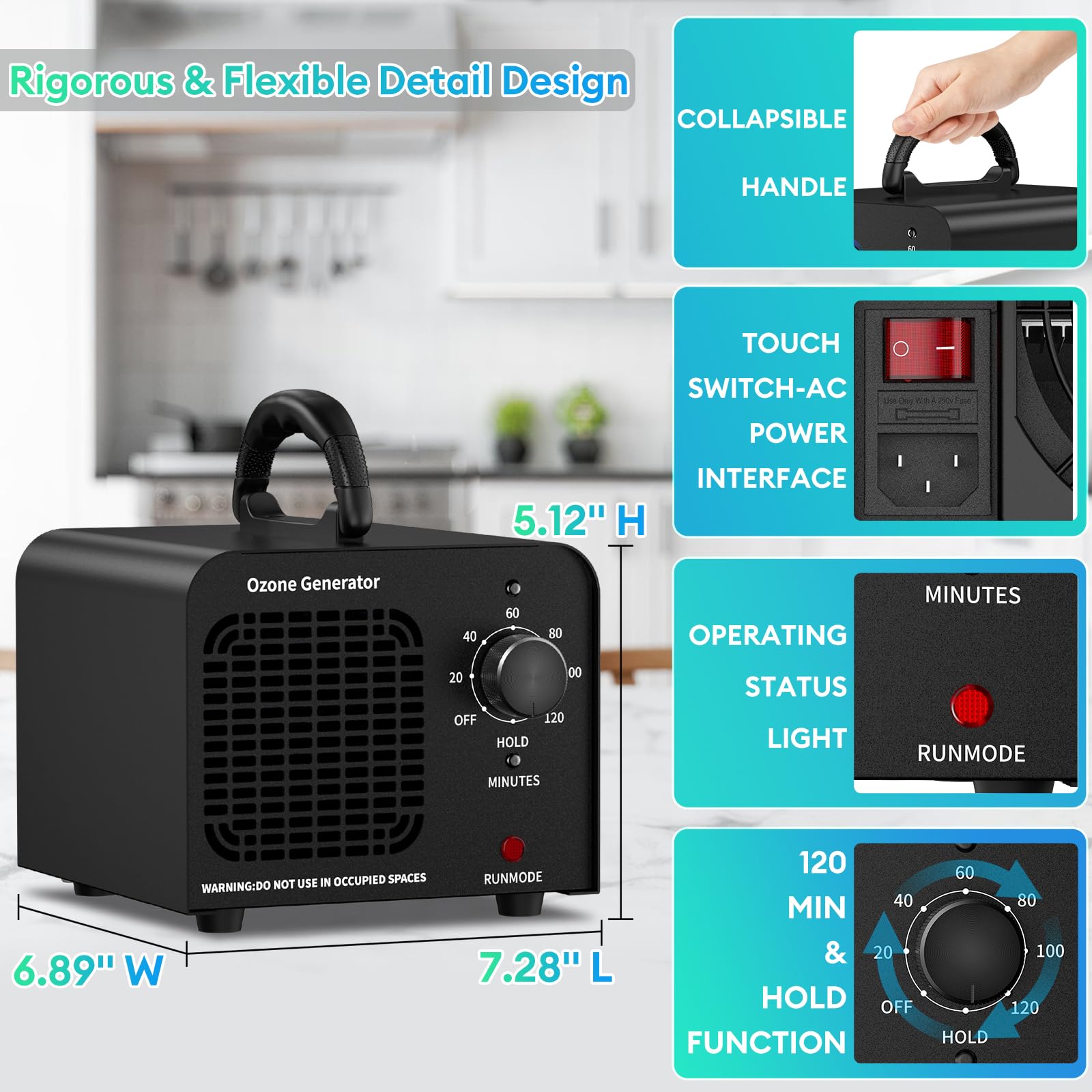 Ozone Generator 60000mg/h, Industrial/Home Ozone Machine, Odor Removal for Areas of 6,000 Square Feet, High Capacity Odor Eliminator for Car, Rooms, Smoke, Pets, O3 Air Purifier Deodorizes (Black)