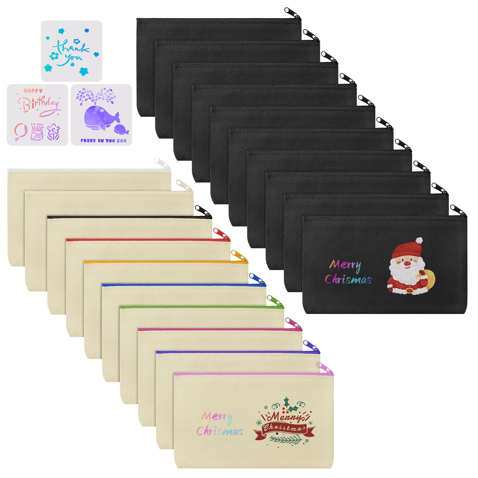 Vicloon Canvas Zipper Bag, 20Pc Canvas Pencil Pouch Bags and 3Pcs Doodle Template, Canva Makeup Bags DIY Craft Bag for Painting, School, DIY Craft, Travel, Organizer (Black,Beige)