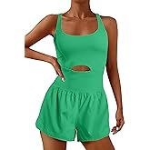 YOAKUKA Womens Workout Rompers Running Outfits Padded Bra Tennis Exercise Jumpsuits Gym Clothes