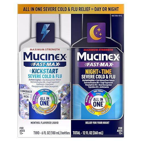 Mucinex Fast-Max Kickstart Severe Cold and Flu Medicine for Adults, Liquid Cold Medicine , Generic Expectorant Guaifenesin & Cough Suppressant Dextromethorphan, Combo Pack, 2x6 fl oz