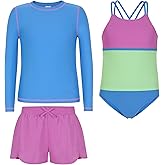Saint Eve Kids 4-Piece Swimsuit – Long Sleeve Tankini Top, Bikini Bottom, UPF 50+, Swim Shorts for Pool, Beach, Camp