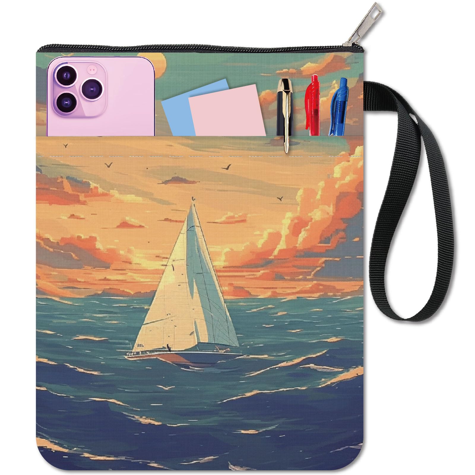 CRASPIRE Sailboat Book Sleeve Sunset Book Protector Sea Level Book Covers for Paperbacks Washable Fabric Cloth Book Cover with Zipper and Extra Sleeve Pocket for Book Lovers Classmate Gifts