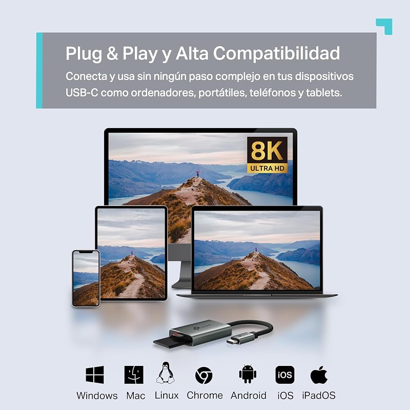 UA440C Leitor de cartão USB Tipo-C para SD, Plug and Play, transferência de dados 3 × mais rápida, suporta cartões de memória até 2TB, compatível com Mac, Windows, iPadOS, iOS, Android