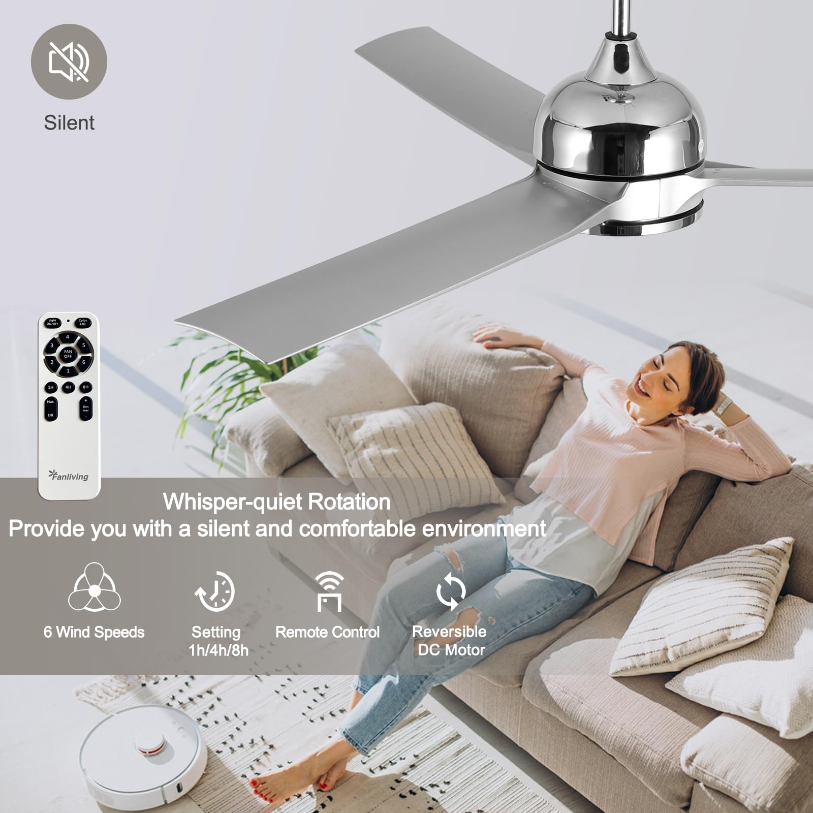 Fanliving 52 Inch Modern Silver Ceiling Fan with Lights Remote Control, Quiet DC Motor/Dimmable 3 Color LED/6 Speed High CFM/3 Blade Indoor Ceiling Fans for Bedroom/Living Room