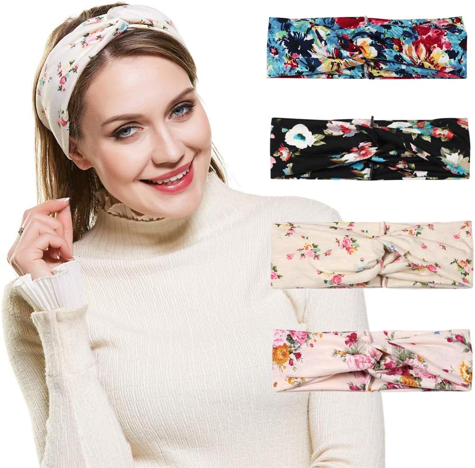 Women Headband Yoga Large Wide Bohomia Hair Bands Stretchy Fabric Headwrap 4 pack