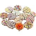 AKOAK 50 Pcs Natural Wood Decorative Button 2-Hole Retro Cute Little Tree Heart Flower Painted Button for DIY Crafts Scrapbook Sewing Craft Decoration (Young Trees)