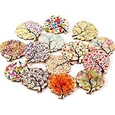 AKOAK 50 Pcs Natural Wood Decorative Button 2-Hole Retro Cute Little Tree Heart Flower Painted Button for DIY Crafts Scrapbook Sewing Craft Decoration (Young Trees)