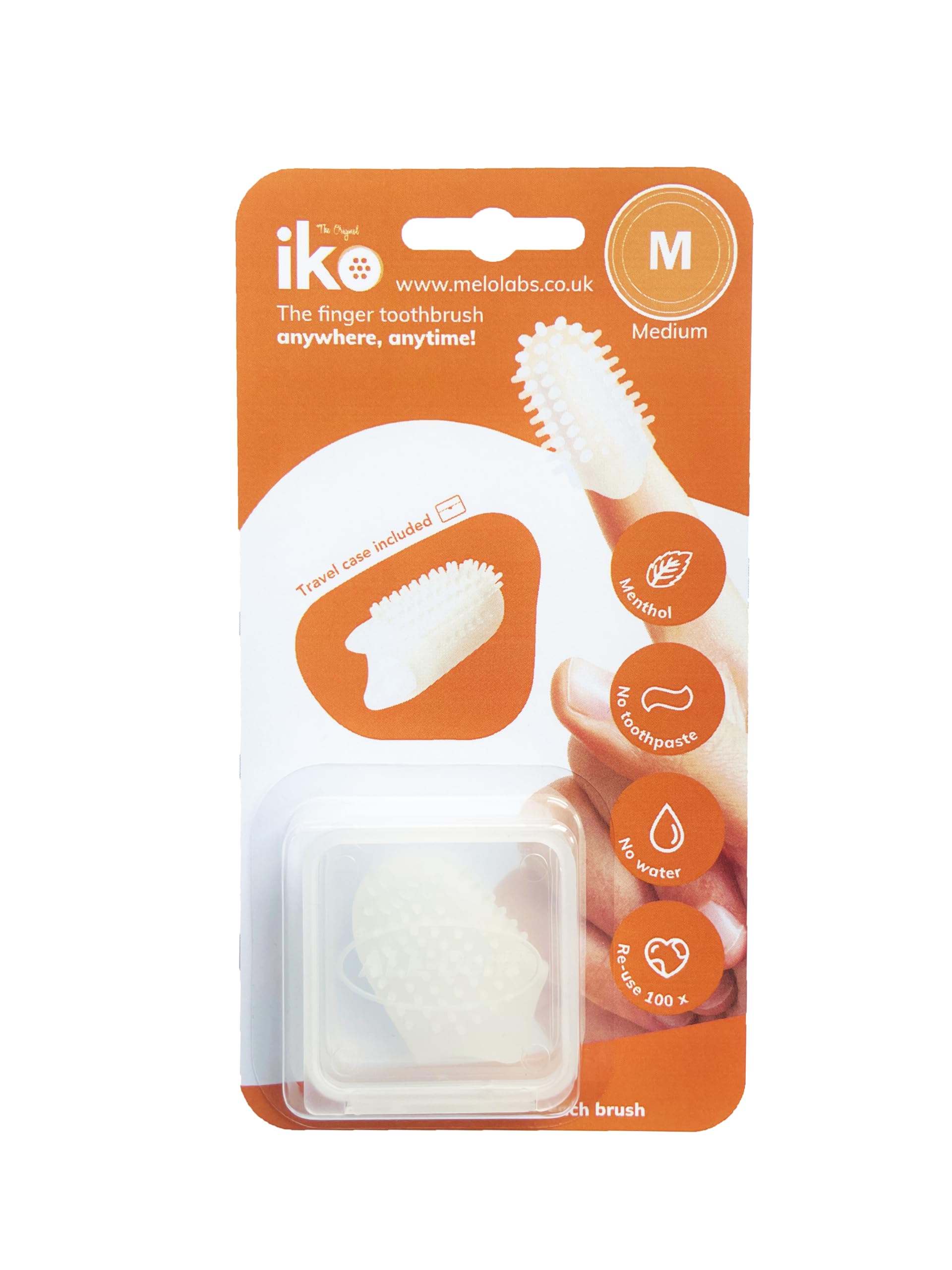 iKo Original Finger Toothbrush + Clear Case, Soft Touch, No Toothpaste or Water Needed, 100% Recyclable Eco Adult Home Dental Care, Mini Travel Oral Health Holiday Essential - Medium 18mm Finger