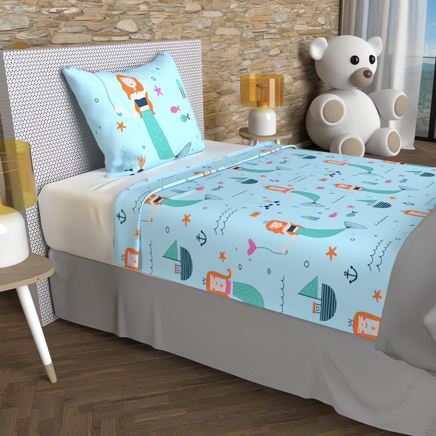 Soleil d'ocre, Bed Linen Set 180 x 290 cm Sirens Blue 100% Cotton 57 Thread Counts / cm2