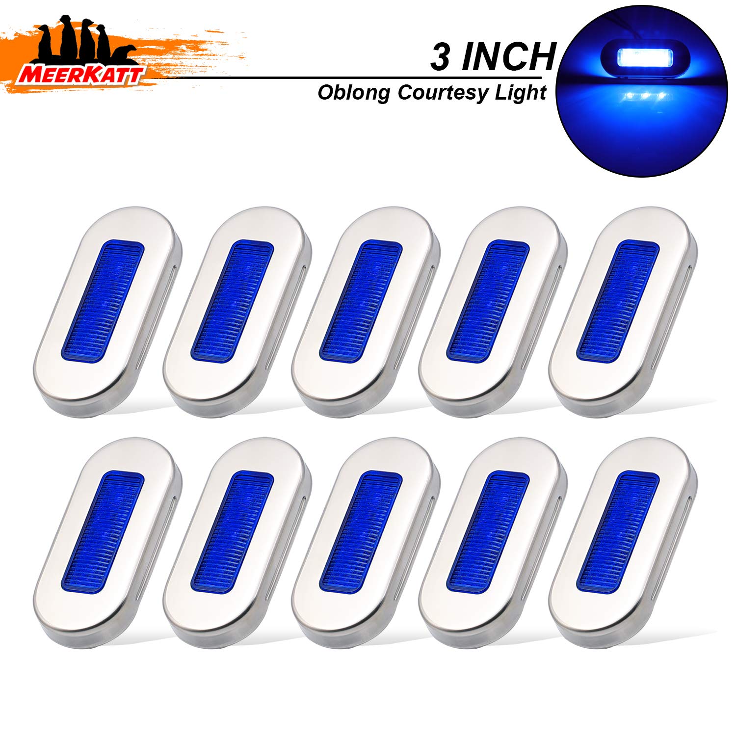 Meerkatt (Pack of 10) 3 Inch Oblong Amber LED Marine Courtesy Light Sealed Flush Mount Clearance Lamp for Yacht Stair Deck Garden Boat RV Cabin Truck Waterproof 12V DC with Chrome Stainless Bezel UV12