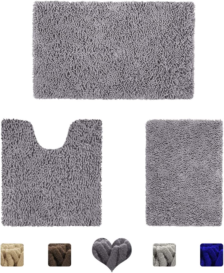 HOMEIDEAS 3 Pieces Bathroom Rugs Set Ultra Soft Non Slip and Absorbent Chenille Bath Rug, Grey Bathroom Rugs Plush Bath Mats for Tub, Shower, Bathroom: Kitchen & Dining