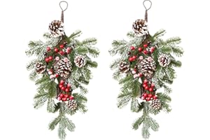 MISNODE 2 Pack Artificial Christmas Teardrop Swag, 22 Inch Teardrop Door Swag Ornaments with Berry and Pine Cone for Xmas Holiday Wall Door Window Home Decoration