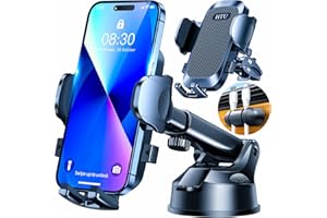 HTU [True Military-Grade] 2025 Upgraded Car Phone Holder 【Safety Certs & No Smell】 Cell Phone Holder for Car Mount for Dashboard Windshield Air Vent Long Arm Thick Case,Black