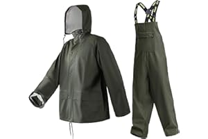 Men’s PRO Workwear 3-Piece Waterproof PU Rain Suit – Heavy Duty Hooded Jacket & Bib Pants for Outdoor Work, Sea Fishing
