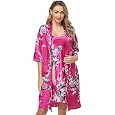 Women's Floral Satin Kimono Robe and Nightgown Set with Camisole 2 Piece Sleepwear Peacock Bathrobe
