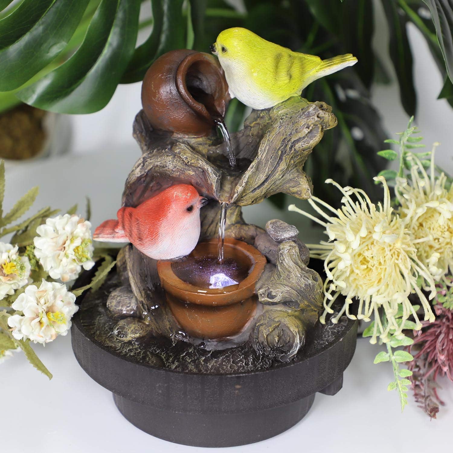 Ferrisland Tabletop Fountain Birds Waterfall Desktop Electric Water Fountain Decor w/LED - Indoor Outdoor Portable Tabletop Decorative Zen Meditation Waterfall Kit Includes Submersible Pump: Home Improvement