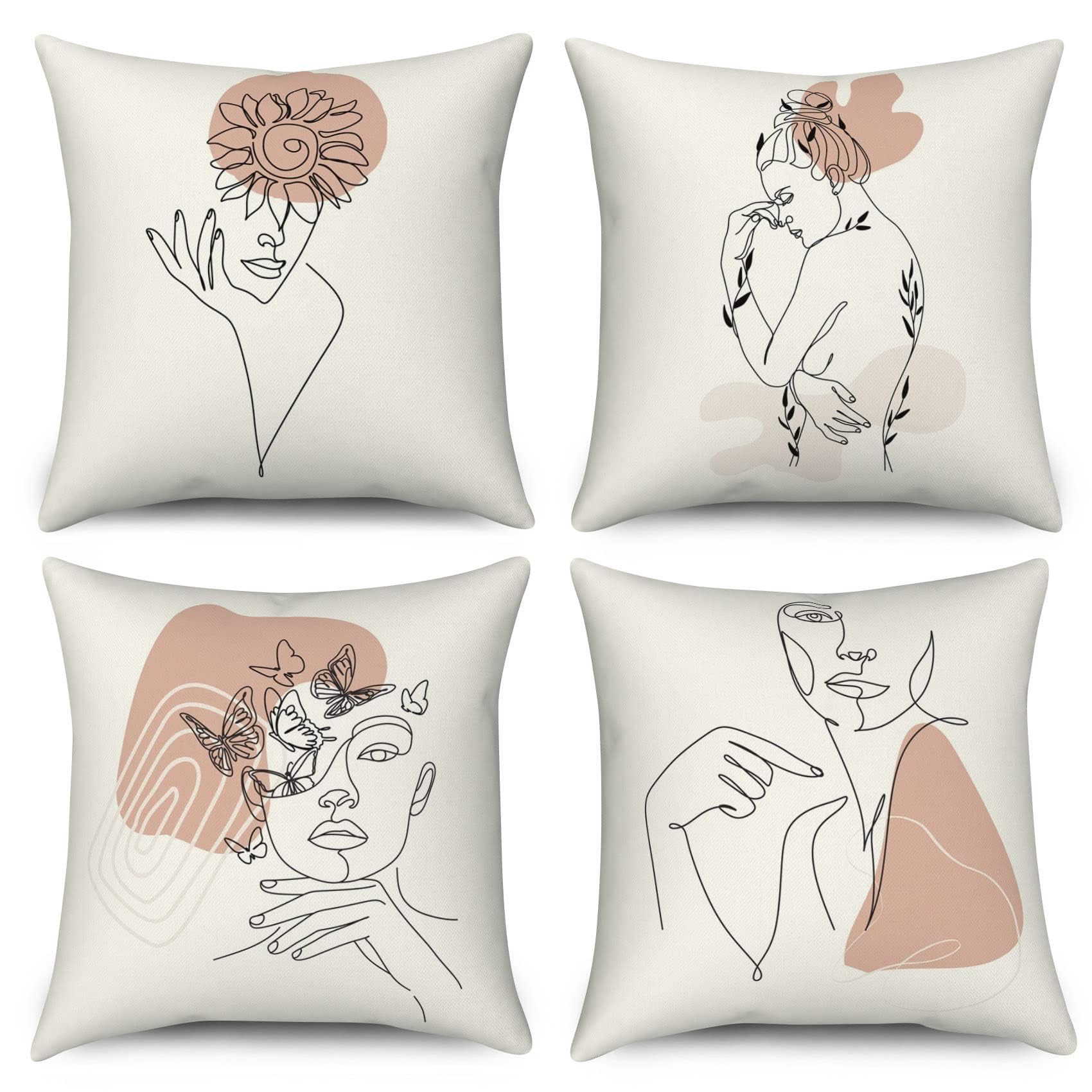 ASDCXZ Boho Cushion Cover 45x45 cm Set of 4, Modern Abstract Girl Face Body Pillow Covers Sofa Decorative Cushion Cover Washable Flax Square Pillow Cases for Living Room Couch Pillowcases โ image 1