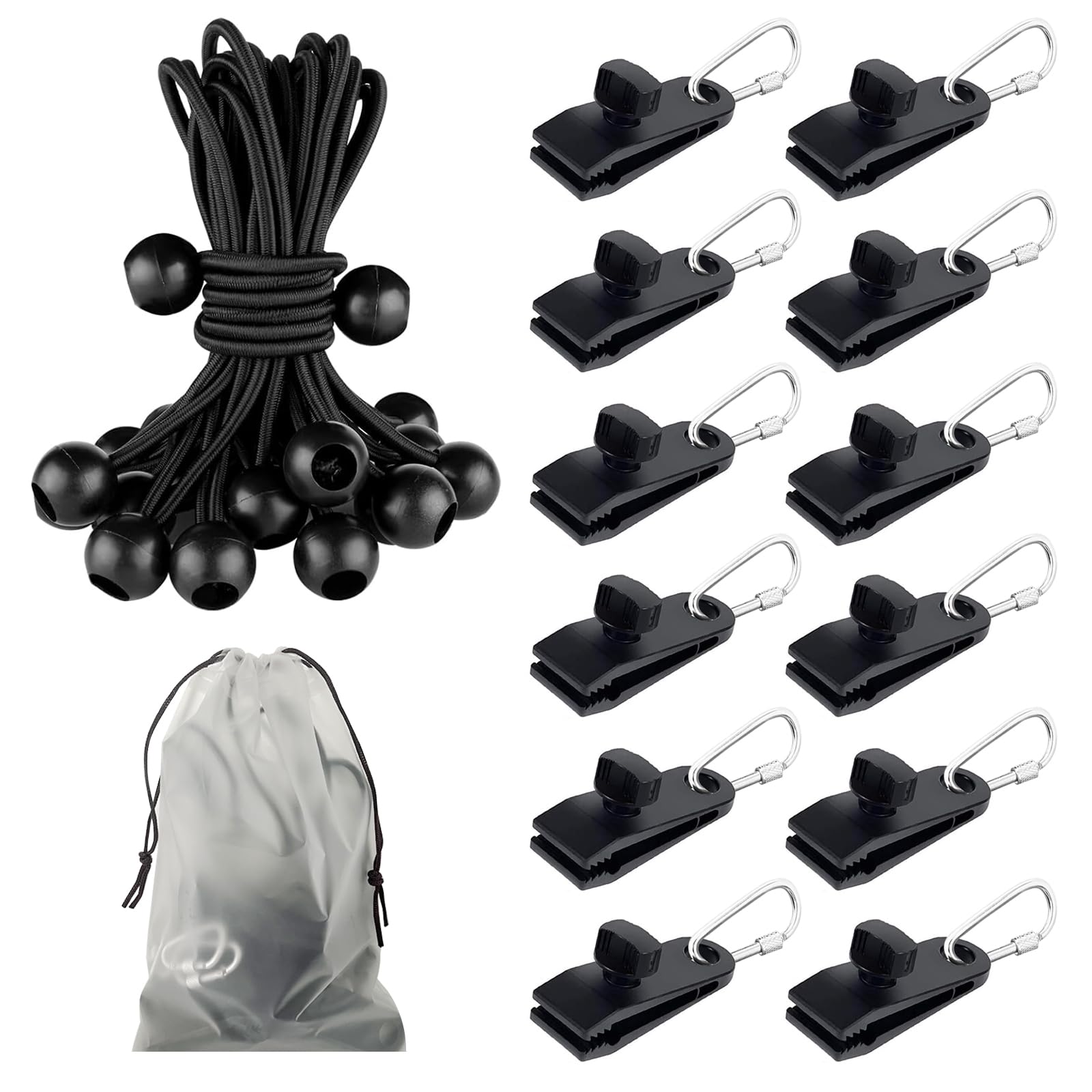 Set of 12 PCS Tarp Clips, Heavy Duty Tarpaulin Clips, Tent Clips Clamps for Camping Tarps, Awnings Canvas Tarp Clamps, Carabiner and Elastic Cord for Outdoor Camping Caravan Shade Boat Pool Cover