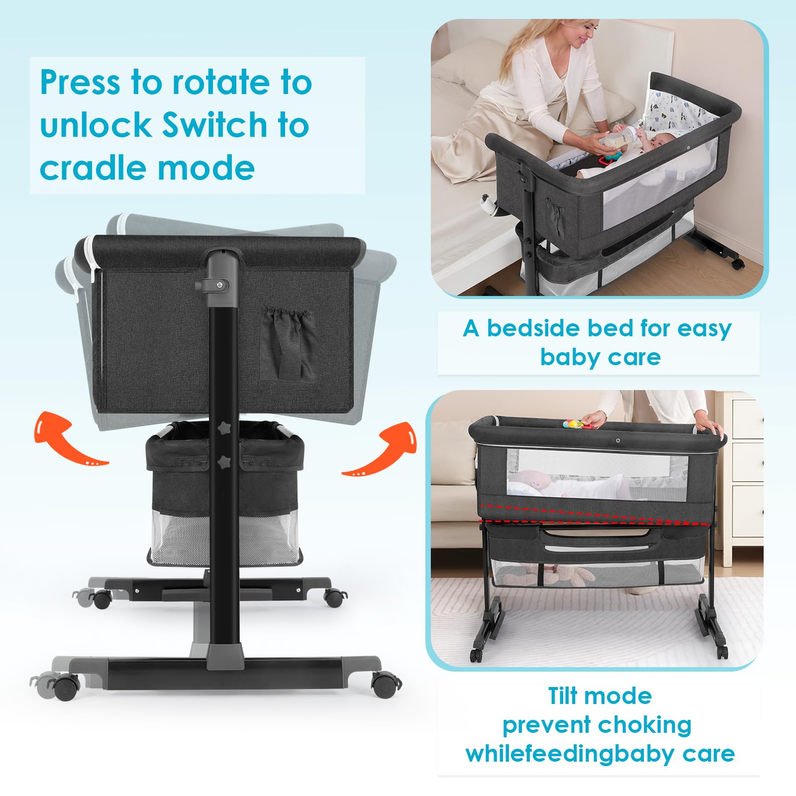 YADAQE Baby Bassinet, Baby Basinet Bedside Sleeper, Easy to Fold Portable Crib Side Bassinet 2025new Style Girl/boy bassinets (Dark Gray)