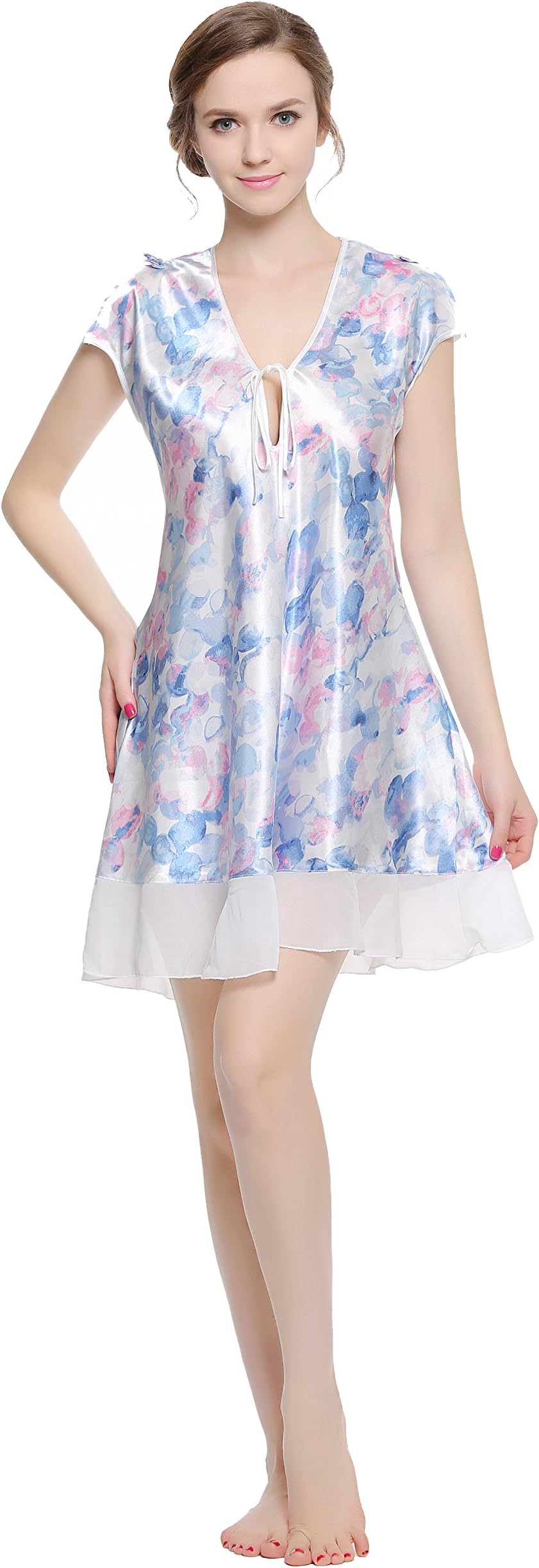 Lavenderi Women's Printed Satin Nightgown, Silky Sleeveless Nightdress