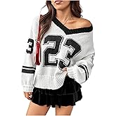 Women's Y2k Number Print Jersey Sweater Oversized Long Sleeve V Neck Pullover Sweaters Casual Knit Top
