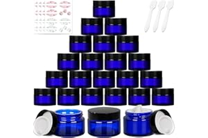 1 oz Blue Glass Jars with Lids,24 Pack Empty Cosmetic Containers with Inner Liners and Black Lids,Refillable Round Cream Jars