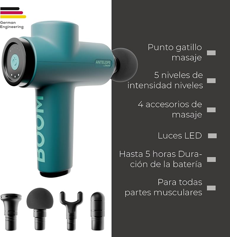 Antelope BOOM Arma de Massagem Muscular, Pistola de Massagem Compacta com 4 acessórios, para relaxamento e regeneração, massagem poderosa nos pontos gatilho, 5 níveis de intensidade e bateria