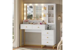 Tiptiper Large Makeup Vanity with Lights, Vanity Table with Charging Station Vanity Desk with Mirror and 10 LED Light Bulbs, Makeup Table with 5 Drawers, Nightstand and Storage Shelves, White & Gold