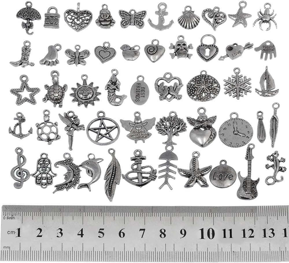RUBYCA 50Pcs Bulk Mixed Silver Charms for Jewelry Making Bracelet Small Pendants for Necklace Antiqued Silver Color - Just Like the Picture (Mix3)