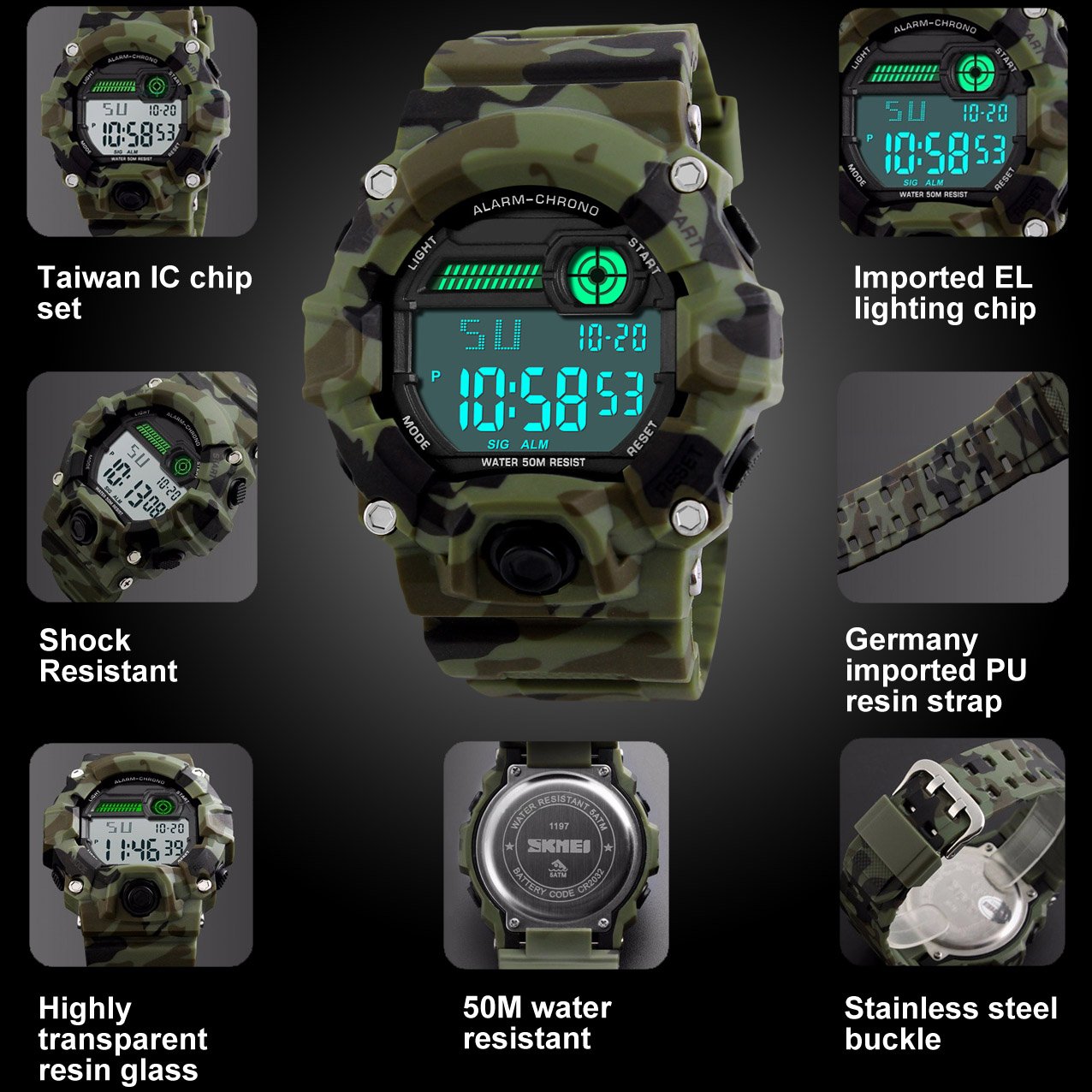 Kids Digital Watches, Boys Sports Military Watch with Alarm/Timer/Shock Resistant, Teenagers Childrens 5 Bars Waterproof Big Face Camouflage Electronic Wrist Watch for Boys by BHGWR