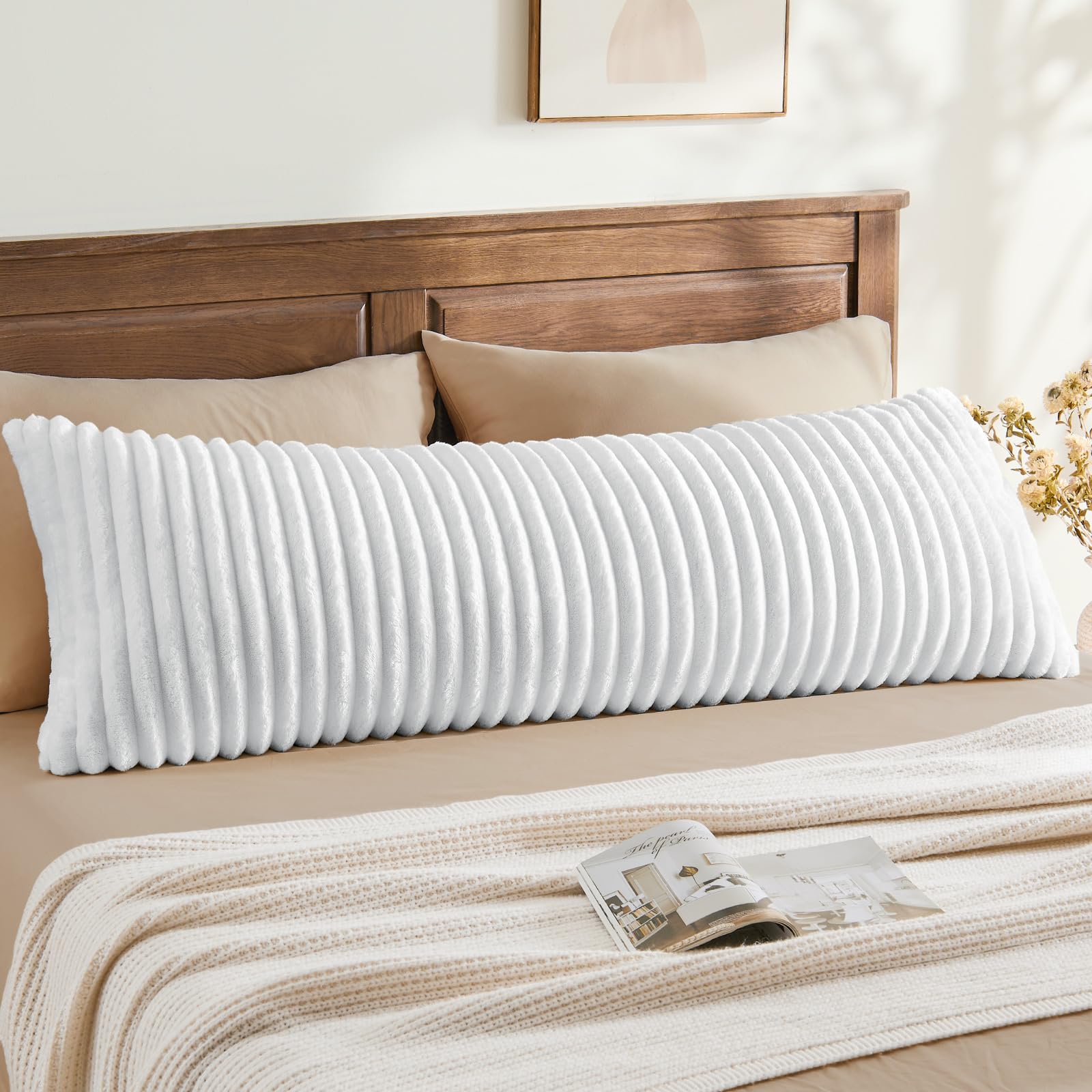 BEDELITE Fluffy Faux Fur Body Pillow Cover with Zipper, Luxury Plush 3D Striped Pillow Cover 20x54 Inches, Super Soft and Cozy Long Body Pillow Pillowcase for Bed Sofa Couch Room Decor(Bright White)