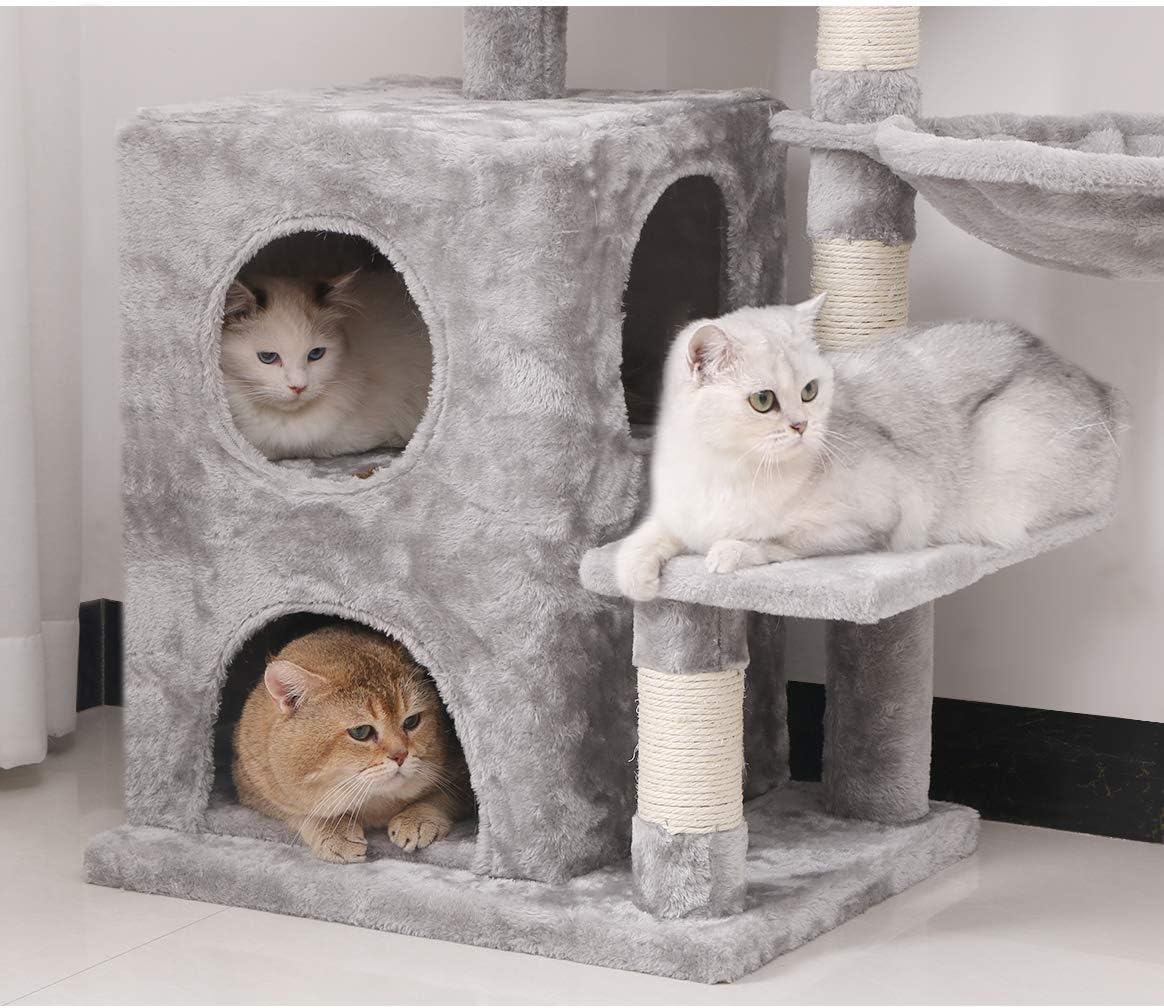 BEWISHOME Cat Tree Condo with Sisal Scratching Posts, Plush Perch, Dual Houses and Basket, Cat Tower Furniture Kitty Activity Center Kitten Play House, Light Grey MMJ06L : Pet Supplies