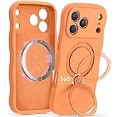 Peerock 360 Spin Silicone Stand Cover for iPhone 17 Pro Case [Cute Wavy & Full Camera Protection] Fit for MagSafe Shockproof Women Girl Phone Case for iPhone 17 Pro 6.3", Cosmic Orange