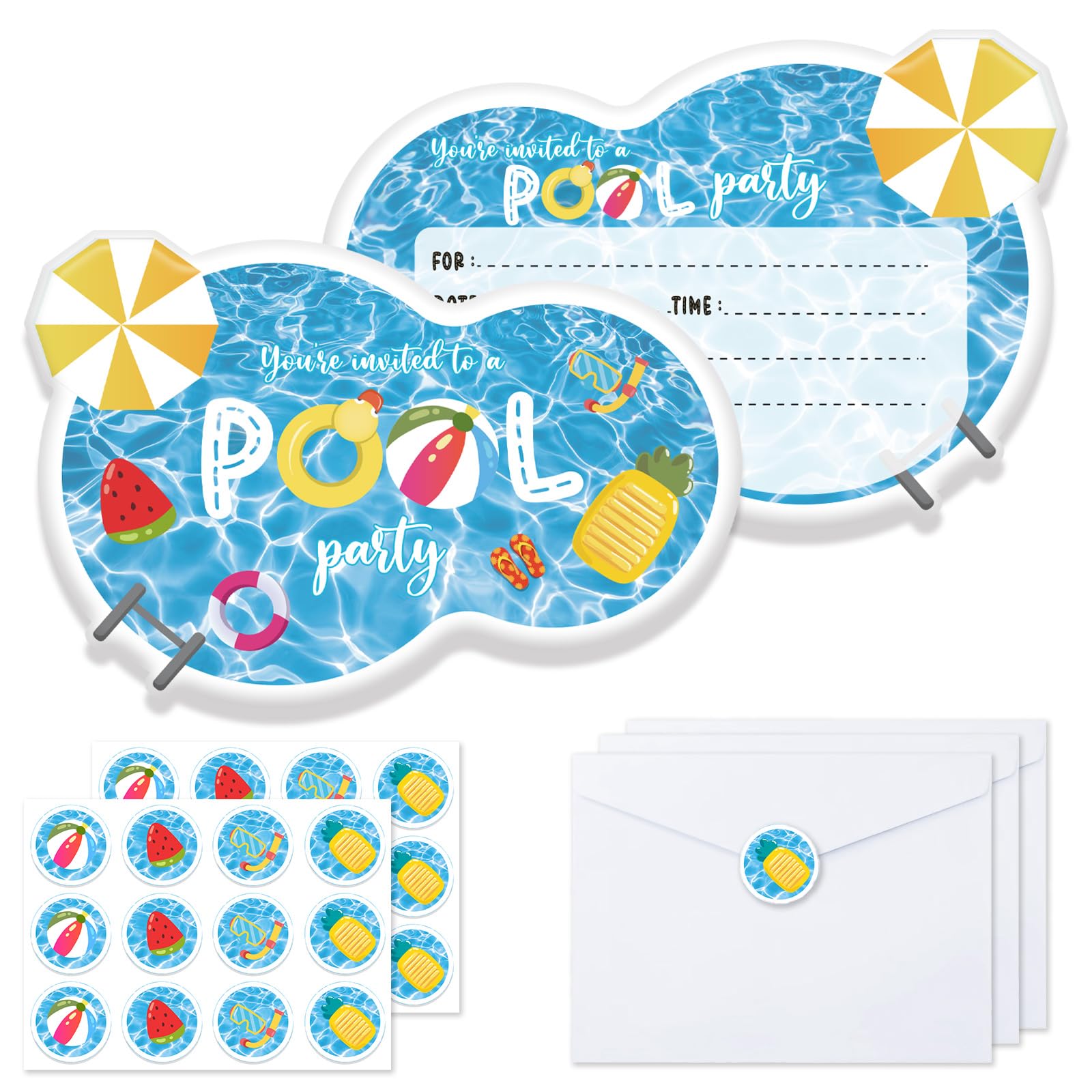 IHCEMIH 24 Pack Party Invitations Kids, Birthday Invites Card Girls Pool Party Invite Summer Childrens Paper Invitation Cards with 24 Matching Envelopes Stickers for Children Boys Girls UK