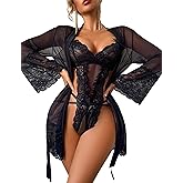 Avidlove Sexy Womens Lingerie Set 2 Piece Lace Teddy with Robe Mesh Bodysuit Nightgown