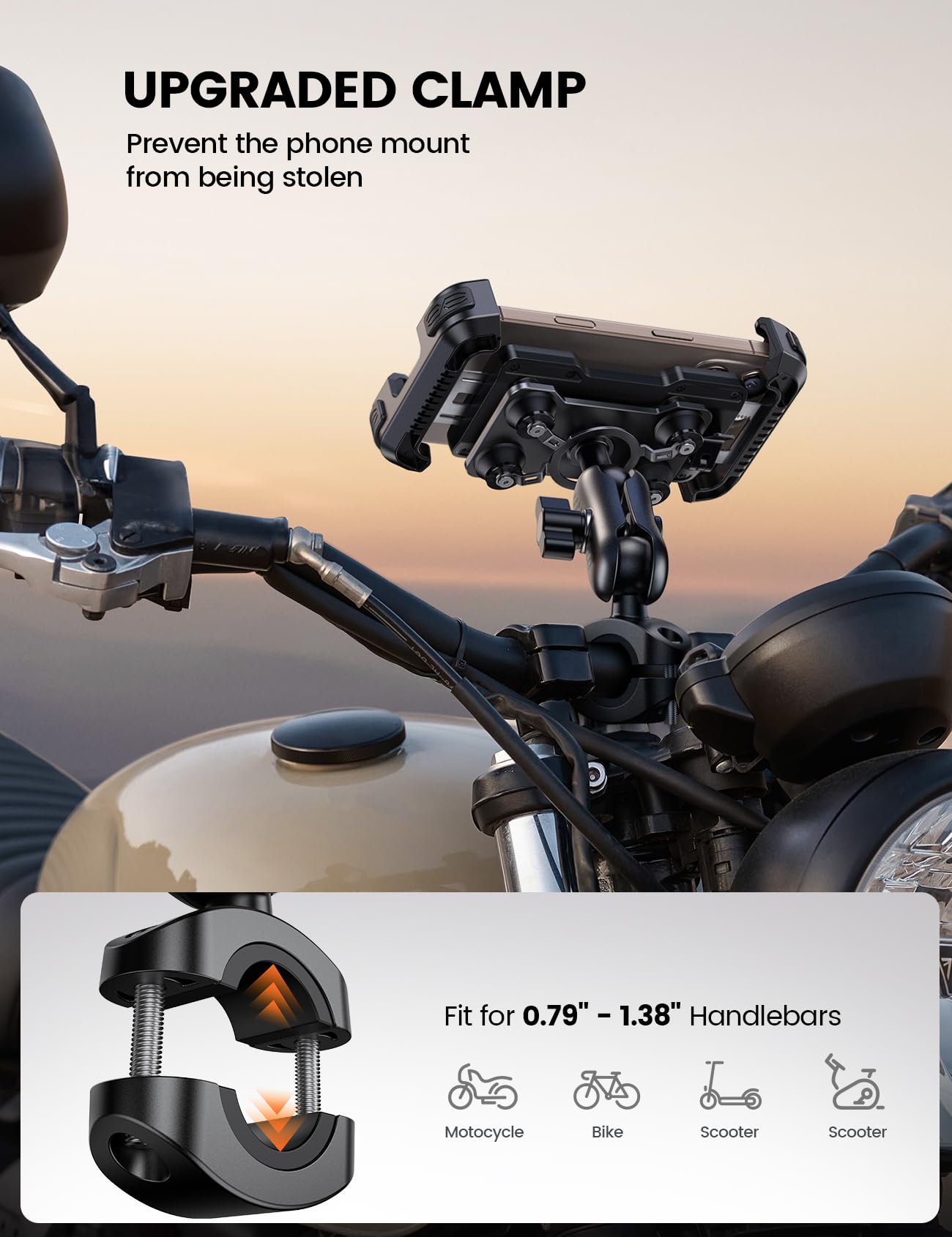 Motorcycle Phone Mount Holder - [Metal Extension Arm] [Dual Vibration Dampener] Motorcycle Cell Phone Mount, Bike Phone Handlebar Clamp for iPhone 16 15 14 13 Pro Max Plus, 4.7-6.7