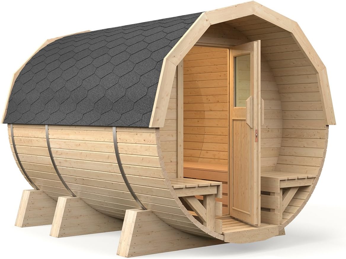 'Barrel Sauna Maira Premium 2.96 x Includes Sauna Interior Wood with all benches (Green Roof Shingle/Organic Elektroofen "Kaja, Aspen)