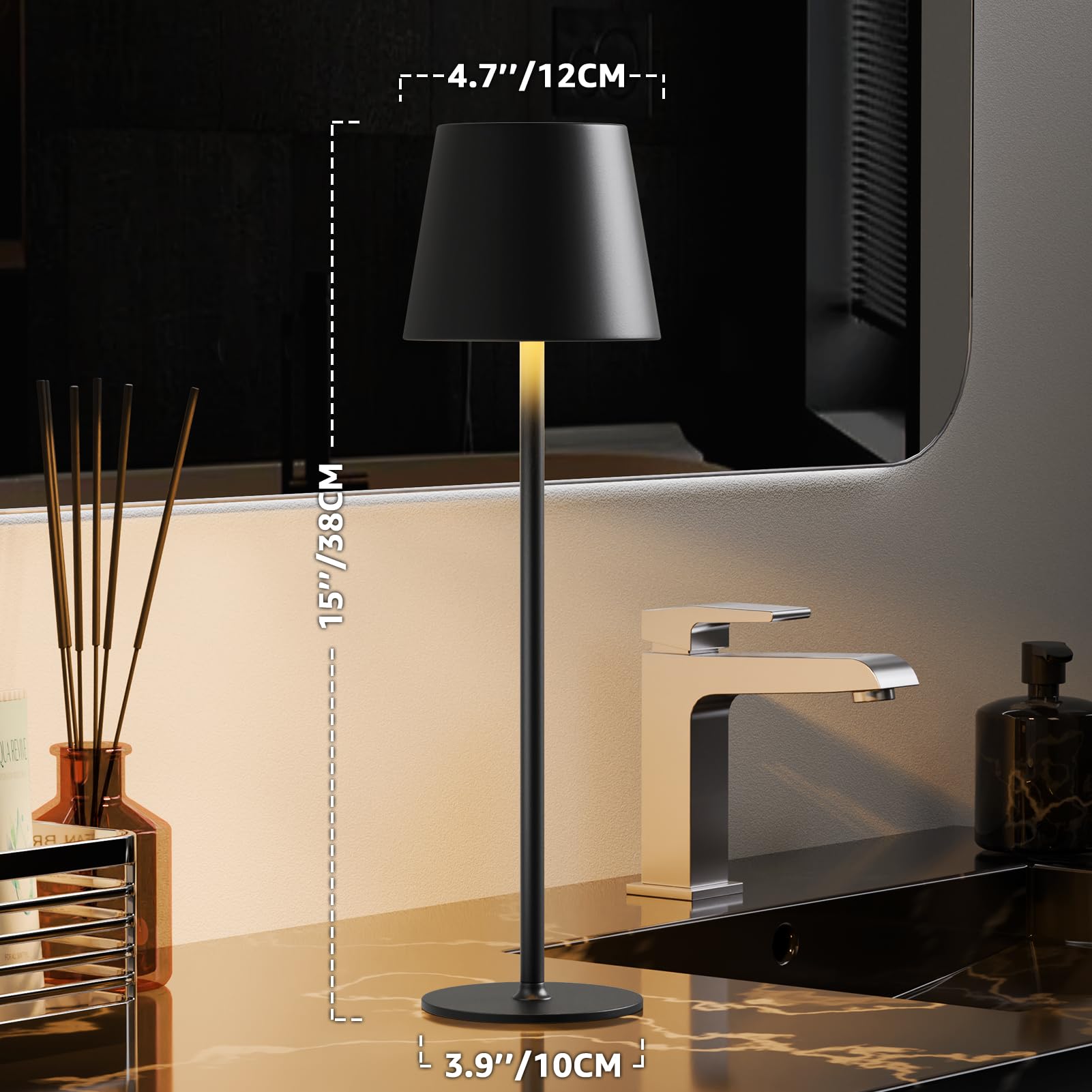 MALUX LED Tischlampe Kabellos 2 Stück Touch Dimmbare 2700K-4000K Metall IP44 Wasserdicht, USB-C Aufladung, 8-15h Akkulaufzeit Tischleuchte für Garten Esstisch Schlafzimmer Balkon Hotel (Schwarz) 2