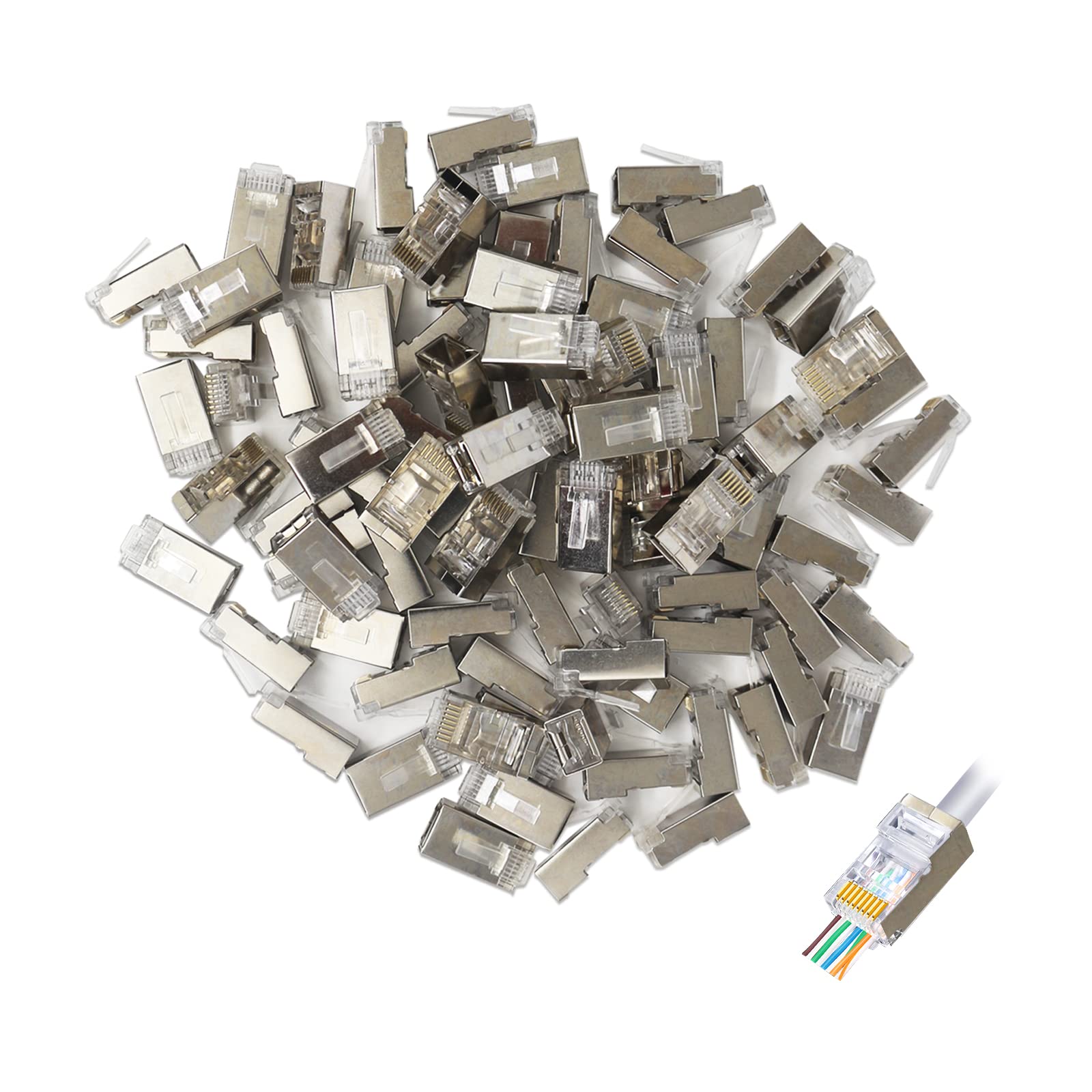 YIOVVOM RJ45 Cat6 Shield Pass Through Connectors Gold Plated 8P8C Ends for Solid Wire and Standard Cable, Transparent 50-Pack