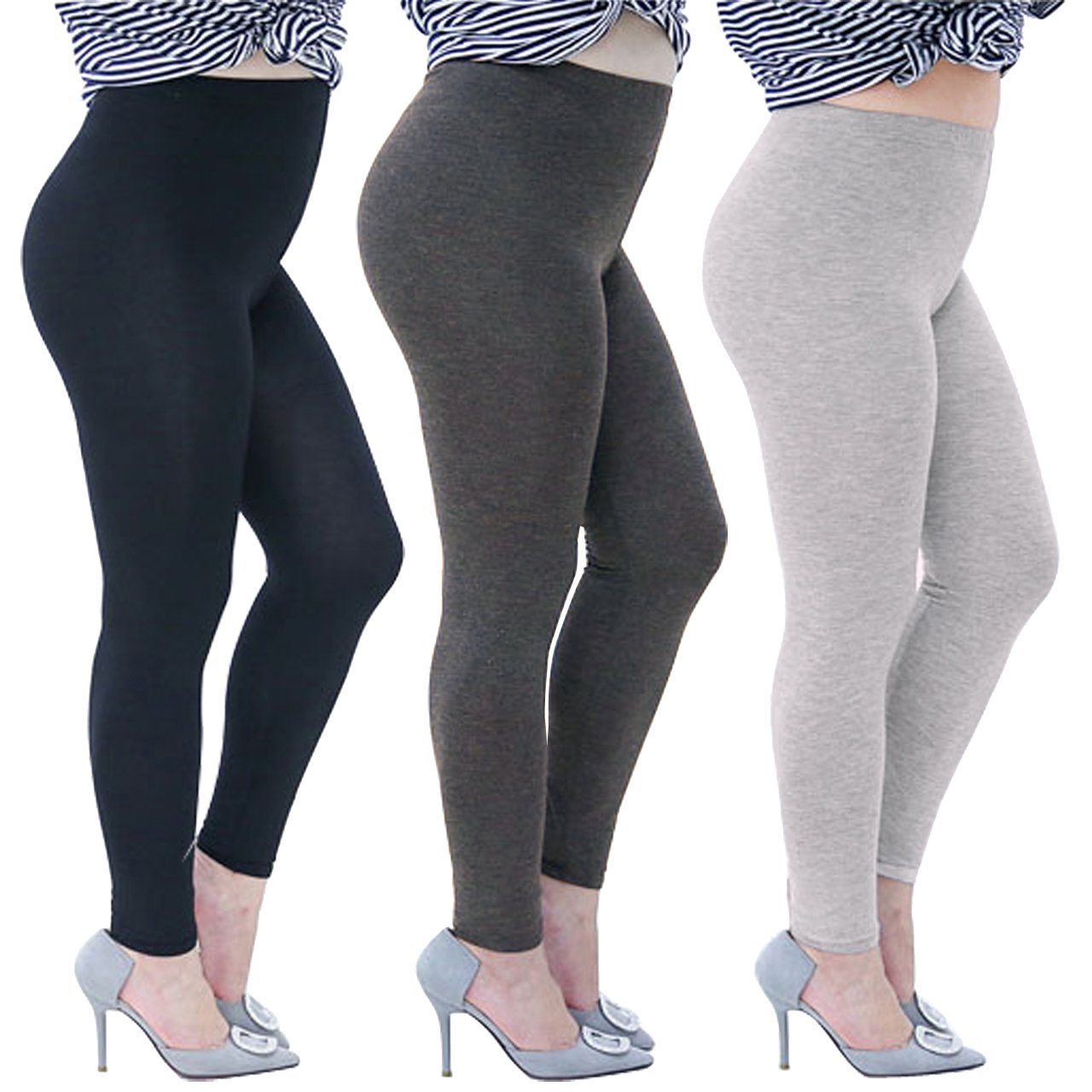 CHIC DIARY 3 Packs Women\'s Elastic Stretchy Yoga Pants Black Grey Navy Yoga Leggings Plus Size (L, Mixed(Black/Dark Grey/Light Grey))