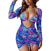 3 Piece Swimsuits Women Bikini Sets Triangle Halter Bathing Suit with Sexy Mesh Beach Cover Up