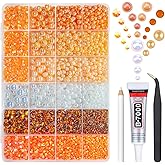 qiipii Bright Orange 3mm-10mm Flatback Pearls and Rhinestones w B7000 Jewelry Glue for Bedazzling Crafting Half Pearls Resin Stones Diamonds Bedazzler Kit for Nails Face Eyes Makeup Tumblers Bottles