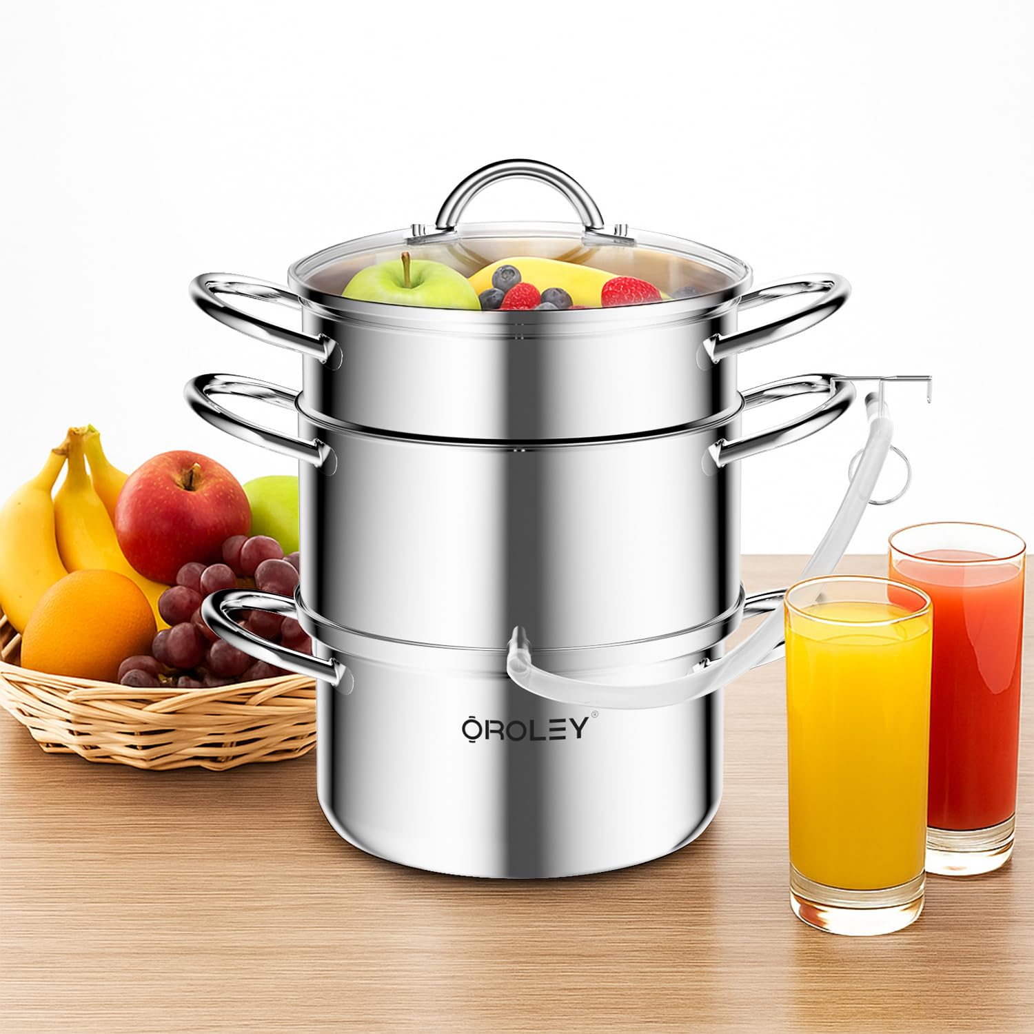 Photo 1 of OROLEY Steam Juicer Extractor Stainless Steel, Juice Steamer Pot for Fruit & Vegetables with Glass Lid, Hose, Clamp, Loop Handles, Ideal for Making Fresh Juice, Jelly, and Sauces (5Qt 304 Stainless Steel)