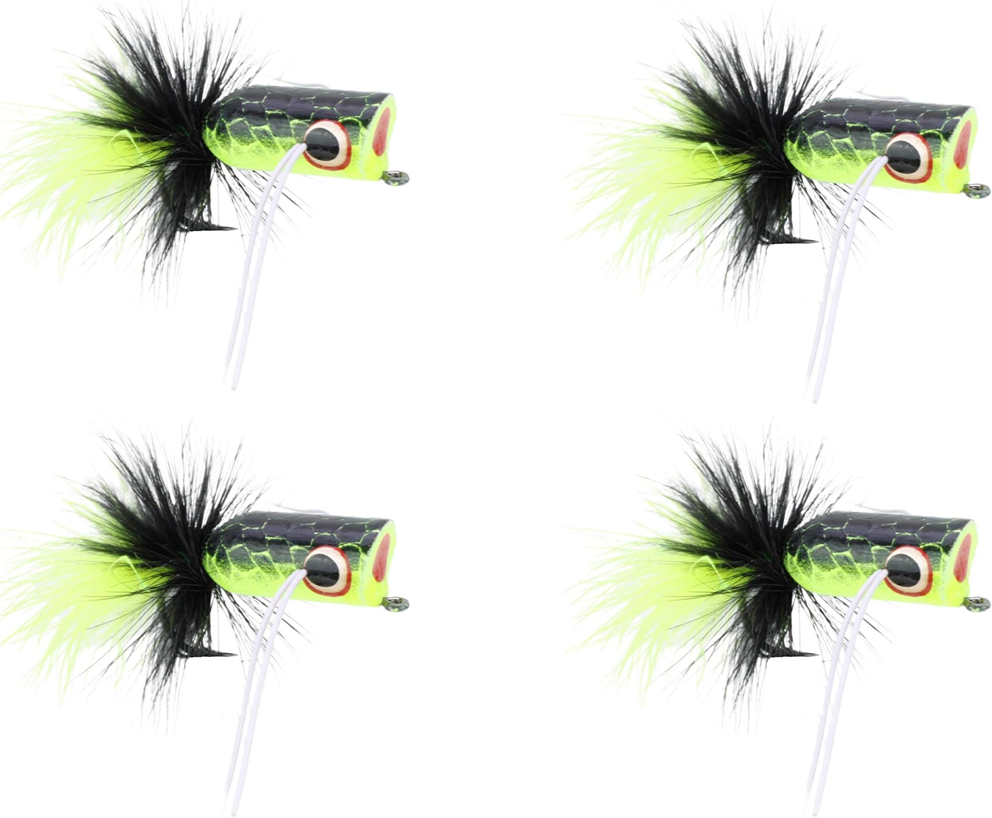 Wild Water Fly Fishing Bass Popper, Qty. 4 Bass Flies - Topwater Lure Size 1/0 and Size 2