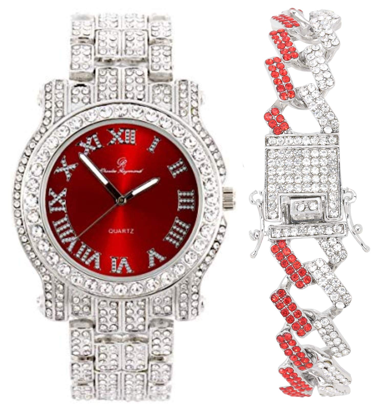 Charles Raymond Bling-ed Out Silver Round Luxury Mens Watch w/Bling-ed Out Bracelet - L0504B, L0504RNB ZZ Silver Blood Red, mens, L0504B (L0504RNB ZZ Silver Blood Red)